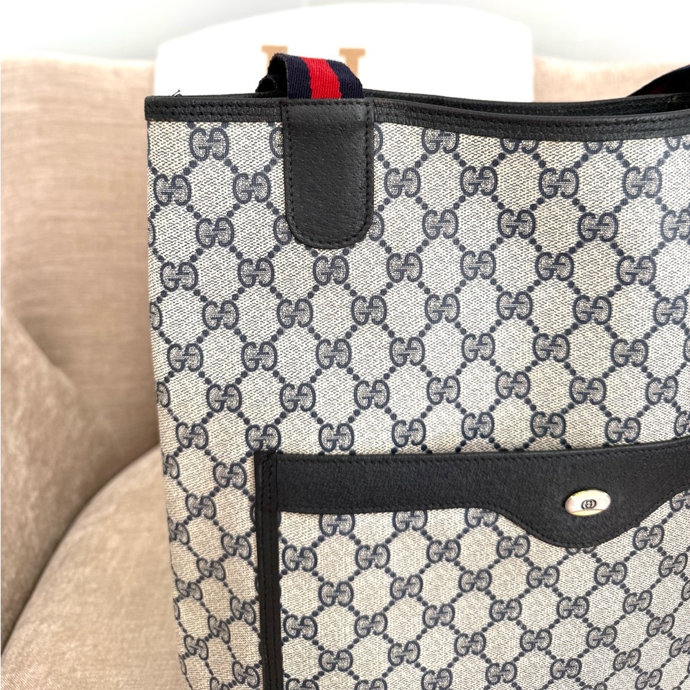Gucci authentic navy grey monogram coated canvas tote bag ribbon handles - Picture 5 of 16